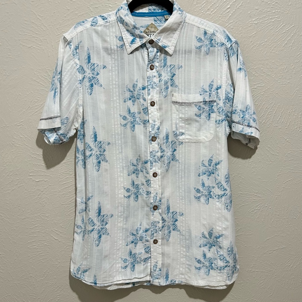 Men's Manta-ray White & Blue Floral Shirt Size M Cruise, Beach Vacation Resort